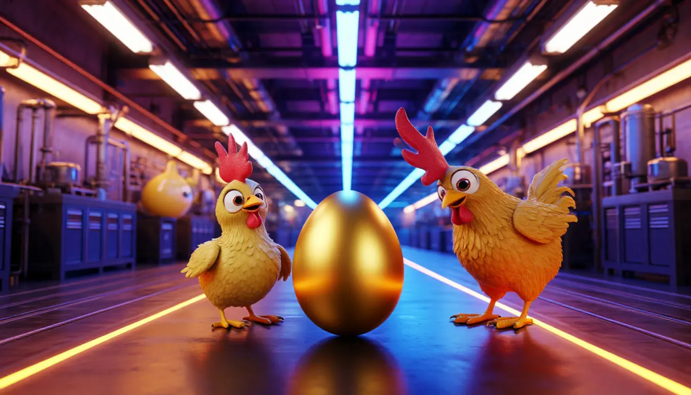 A golden egg hatching on a neon-lit factory corridor