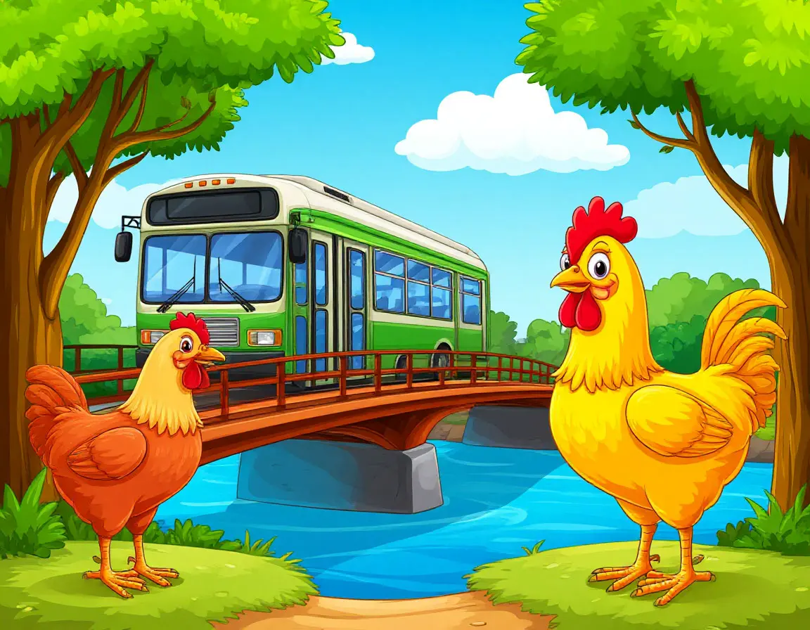 Bridge scene with bus silhouettes