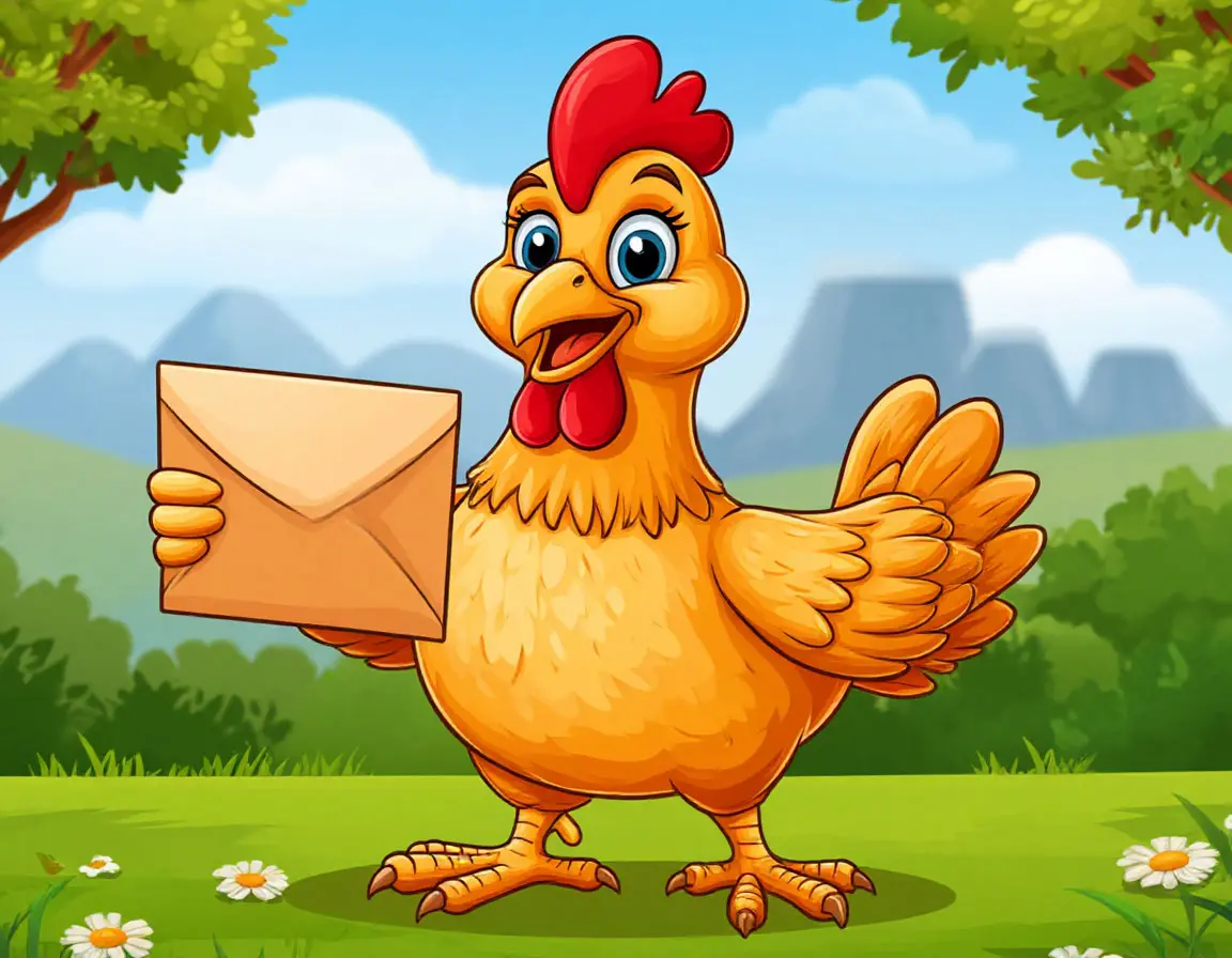 Friendly chicken holding an envelope