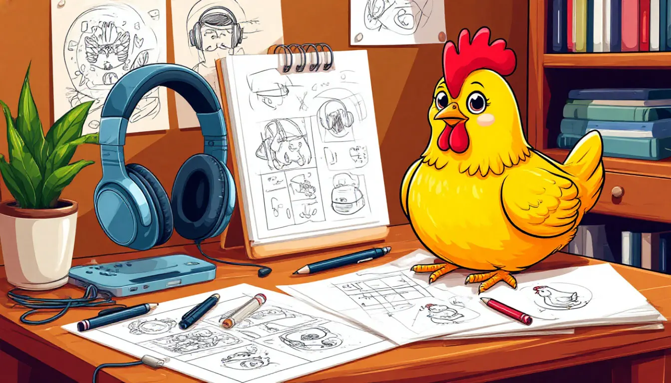 Cozy workspace with sketches and headphones