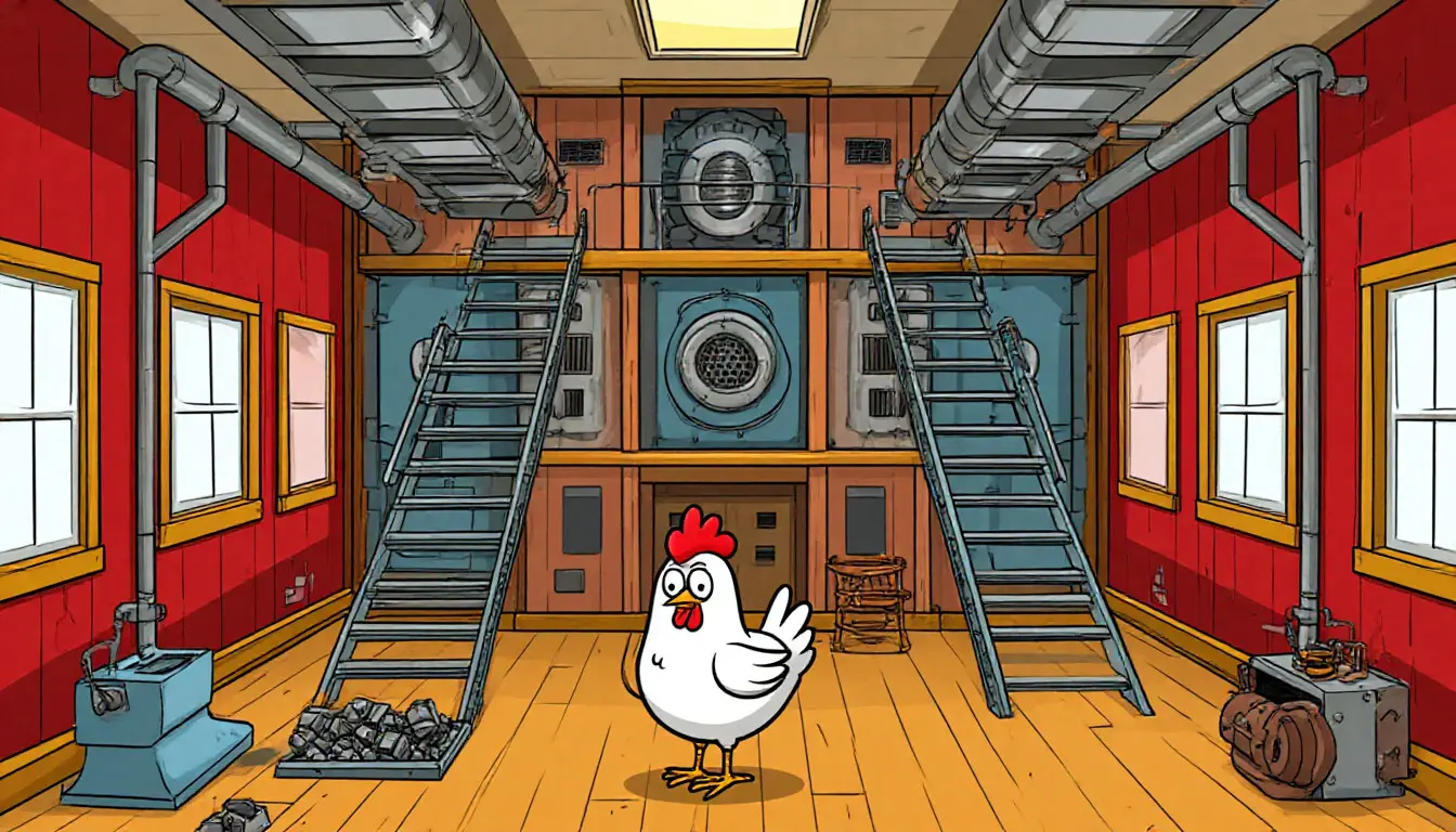 Overview of a vertical room with ladders, vents, and crushers